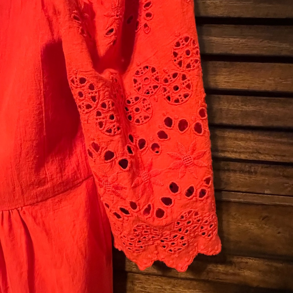 Madewell 153436 Women's Eyelet Lattice Dress V-Neck Bright Poppy Red Sz. 12 - Picture 6 of 14